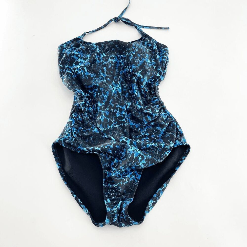 Speedo One Piece Swimsuit Womens Size XS Black Blue Halter Printed Beach Summer